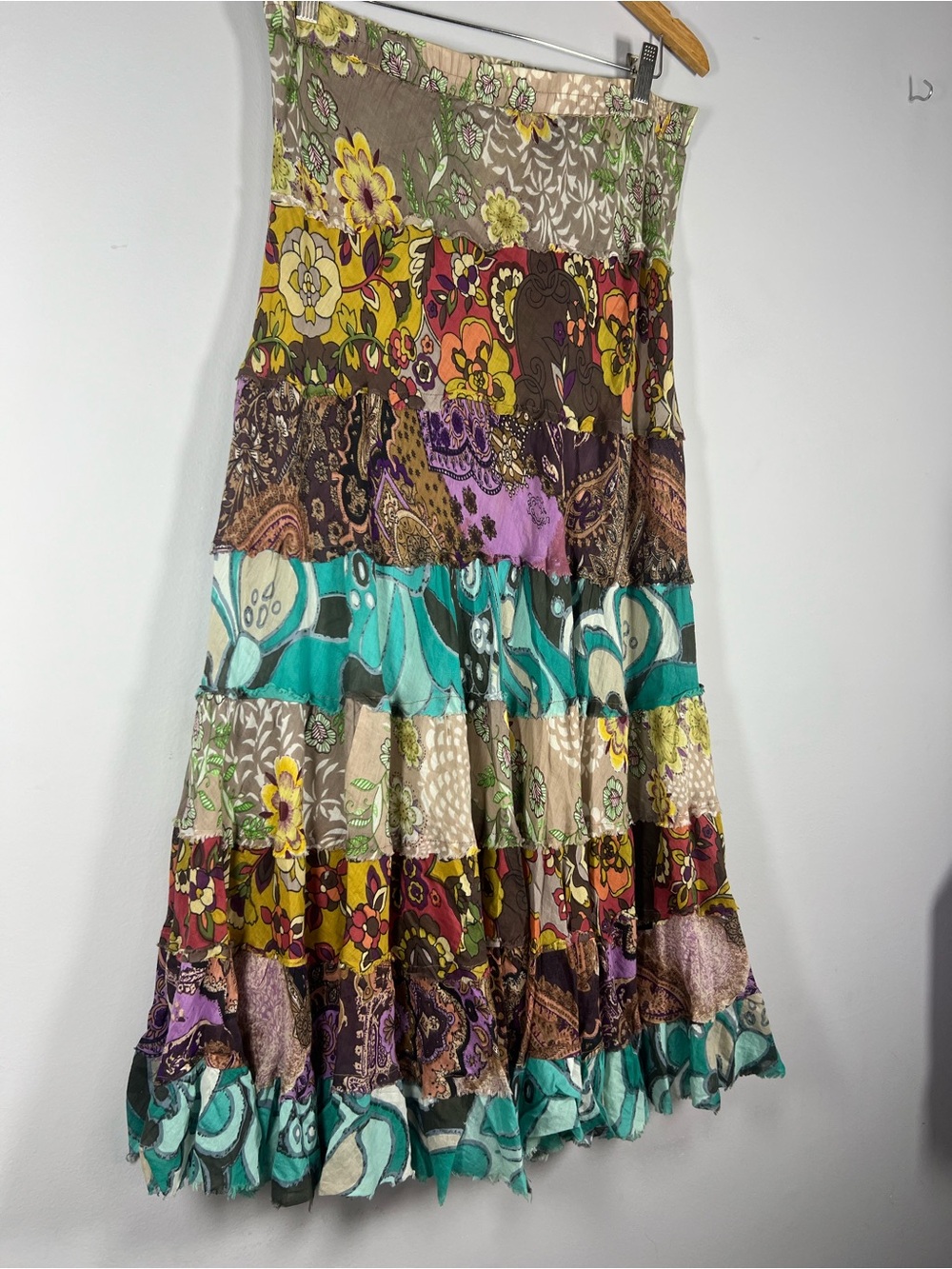 Planet Gold Tiered Mixed Media Hippie Festival Boho Maxi Skirt Cotton Medium - Picture 2 of 6
